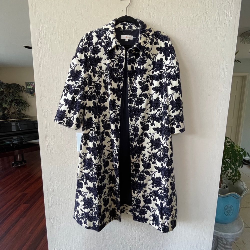 Tory Burch Purple Ivory Floral Velvet Romantic Jeweled Button Fall Dayton Coat